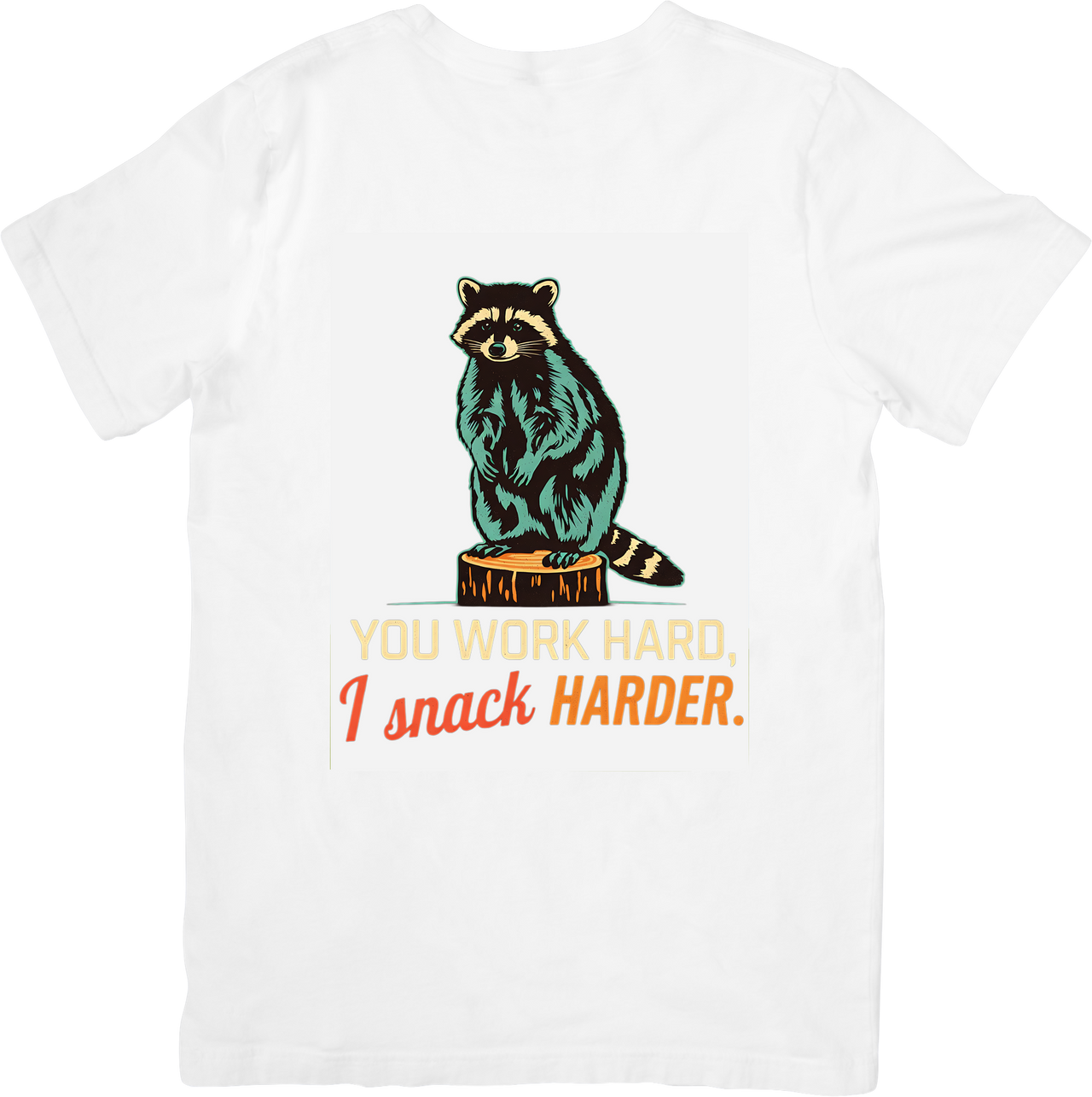 You Work Hard I Snack Harder Raccoon T-Shirt | Funny Retro Humor Graphic Tee | Sarcastic Gift