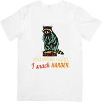 Thumbnail for You Work Hard I Snack Harder Raccoon T-Shirt | Funny Retro Humor Graphic Tee | Sarcastic Gift